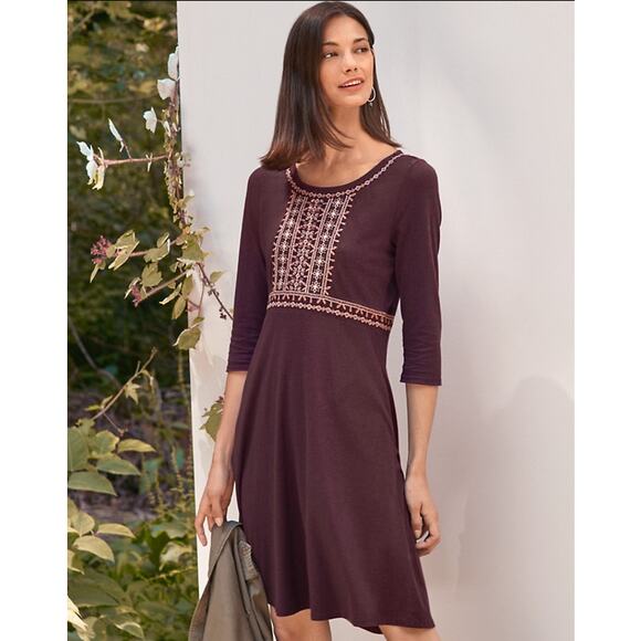 Garnet Hill Embroidered-Bodice Knit Dress Women's XS Organic Cotton Tencel Brown - Picture 1 of 12